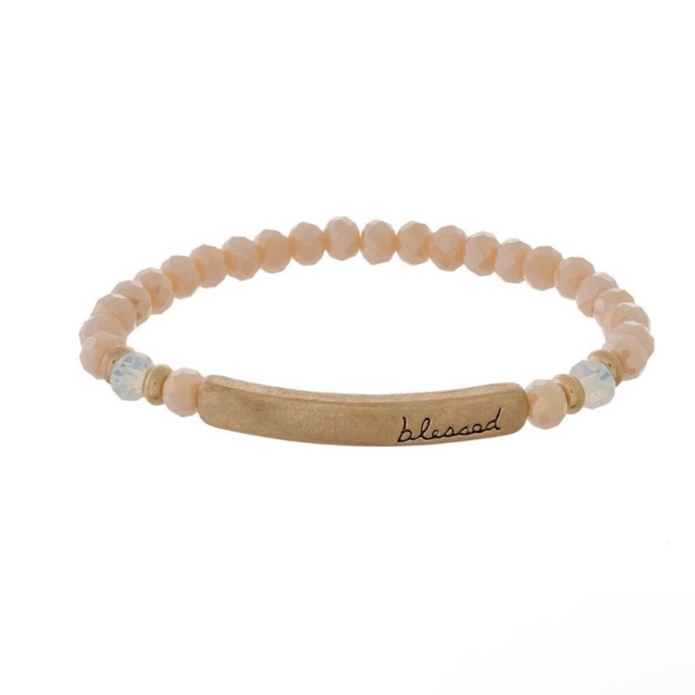 RETAIL $25 Champagne Beaded Bracelet with "blessed" focal bar*stretches